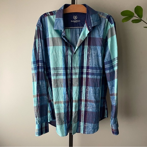 Bugatchi Other - Bugatchi Designer Plaid Dress Shirt Flip Cuff Long Sleeve Button Down Mens